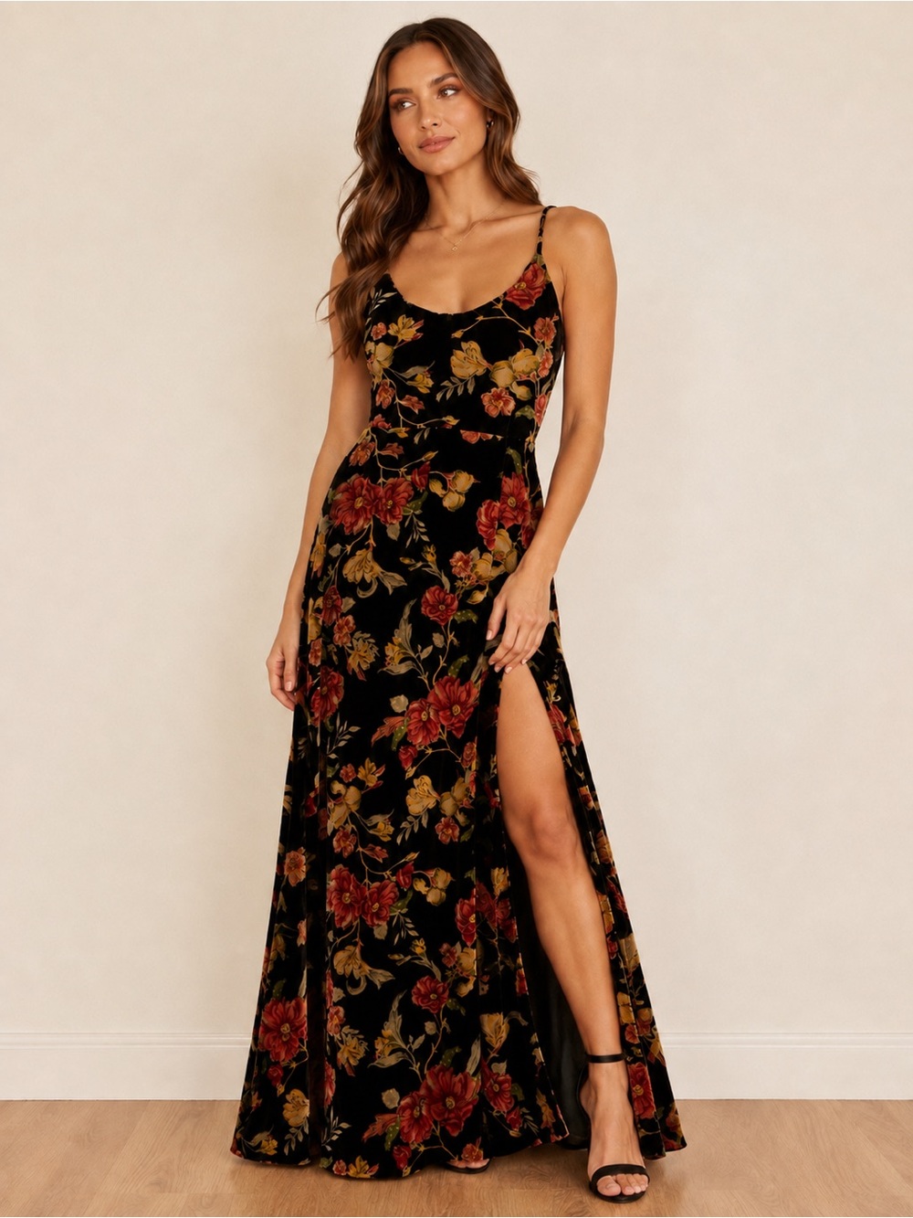 Lulus NWT Black Floral Velvet Maxi Dress XL Slit Wedding Guest Formal